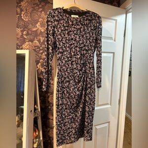 Nine West Black Long-Sleeve Midi Dress with Pink Floral Print